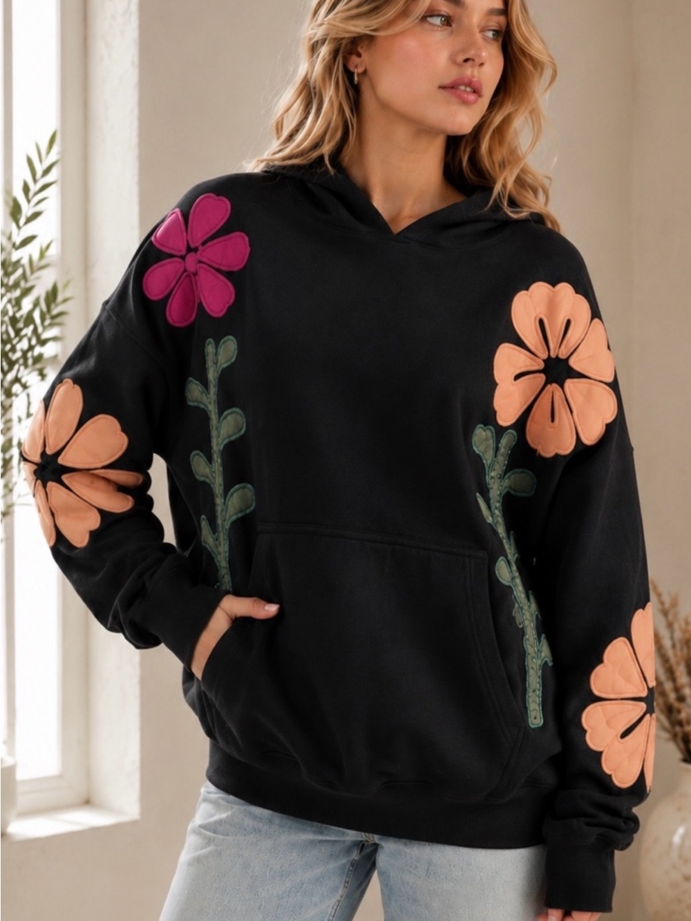 LovLov Black Floral Patchwork Hoodie Sweatshirt